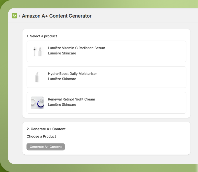 The product picker with three products and a Generate A+ Content button