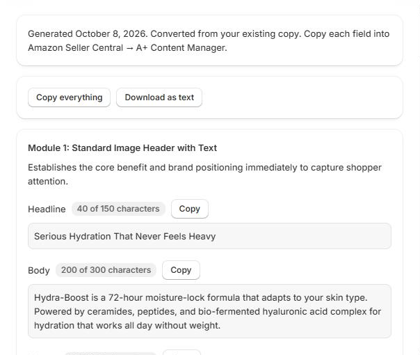 A generated module with headline, body and alt text, each with a character count and a Copy button